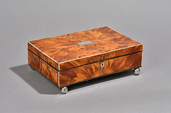 An early 20th century ivory and silver mounted tortoiseshell rectangular lift top box, 26cm wide x 18cm deep.  Illustrated