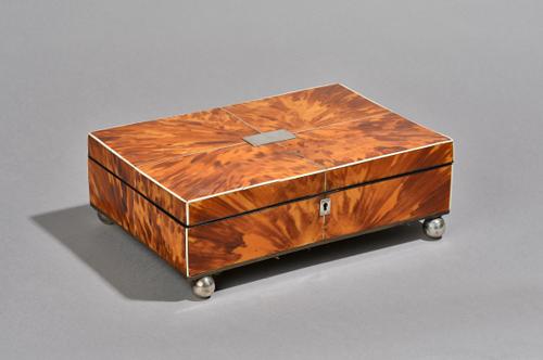 An early 20th century ivory and silver mounted tortoiseshell rectangular lift top box, 26cm wide x 18cm deep.  Illustrated