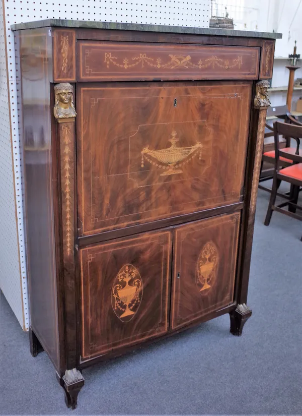 A 19th century French secretaire a abattant, the marble top over a marquetry inlaid mahogany base with single drawer over fall front and pair of lower