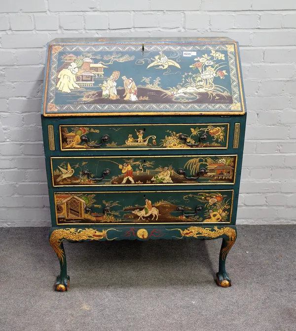 A mid-20th century green lacquer chinoiserie decorated bureau, on claw and ball feet, 78cm wide x 104cm high, together with a similar yellow lacquer m