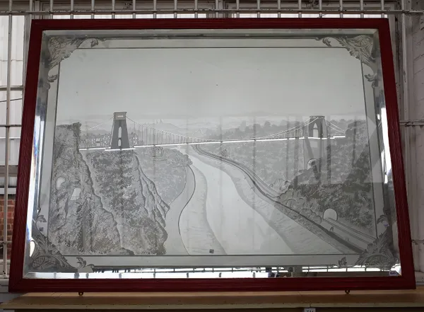 A large 19th century etched glass mirror depicting the Clifton Suspension Bridge, designed by William Henry Barlow and John Hawkshaw after the earlier
