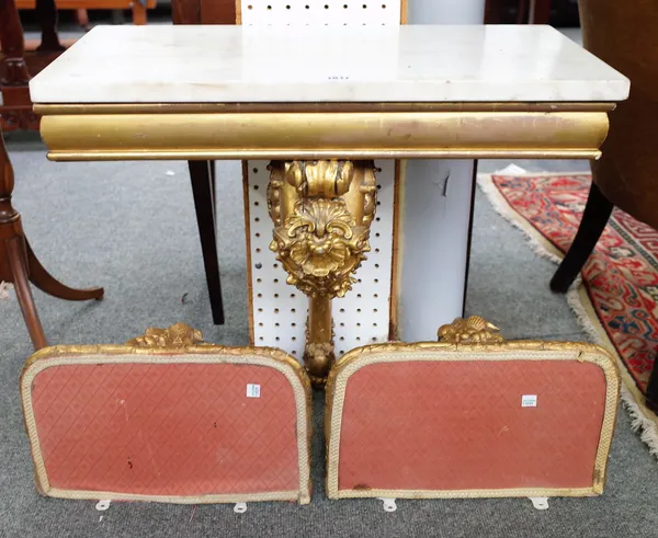 A Victorian marble topped console table on monopodium gilt scroll supports, 61cm wide x 58cm high, together with two smaller examples, 38cm wide x 35c