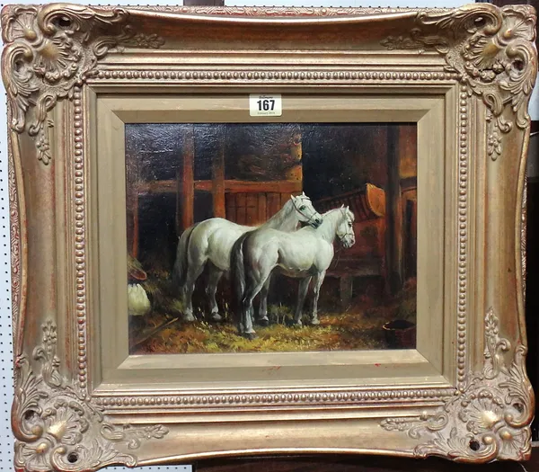 A** Verwen (late 20th century), Horses in a stable, oil on panel, 23cm x 28.5cm.