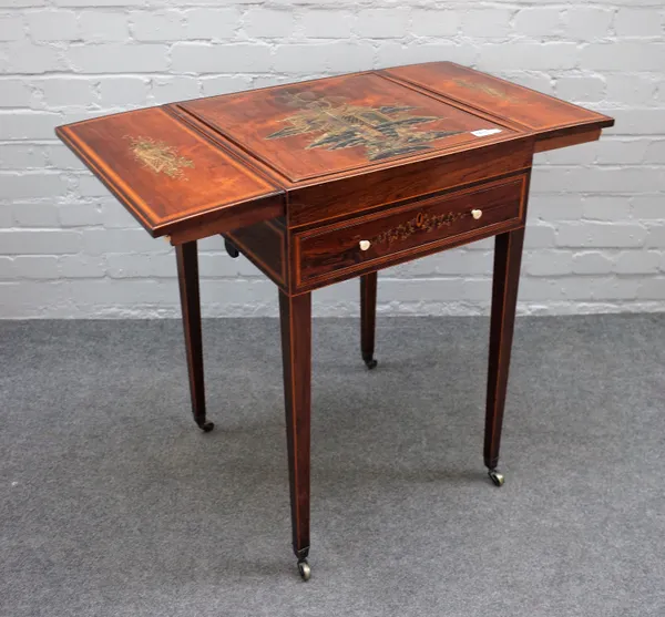 A 19th century chinoiserie decorated rosewood drop flap games table with reversible chess board top and five drawers, on tapering square supports, 50c