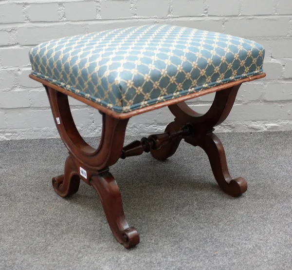A 19th century walnut framed rectangular footstool, on 'X' frame supports, 45cm wide x 44cm high.
