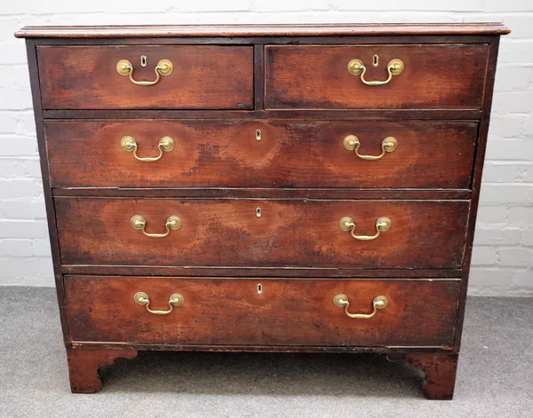 A mid-18th century mahogany chest with two short and three long graduated drawers on bracket feet, 104cm wide x 94cm high.