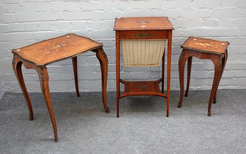 An Edwardian polychrome painted sewing table with pull-out wool box on tapering square supports, 40cm wide x 71cm high, a marquetry inlaid gilt metal