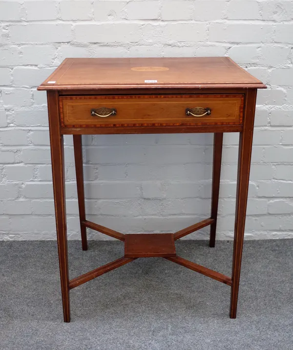 An Edwardian satinwood banded marquetry inlaid single drawer side table on tapering square supports, 59cm wide x 78cm high.