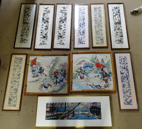 A pair of Chinese hand painted silk panels, set of eight assorted Chinese sleeve panels- various dates (10).