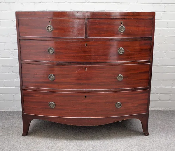 A Regency mahogany bowfront chest of two short and three long graduated drawers on splayed bracket feet, 106cm wide x 104cm high.