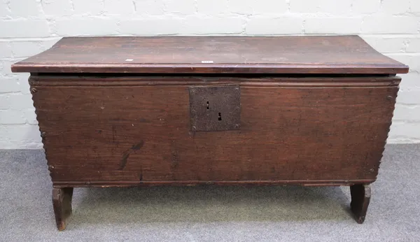 A 17th century oak five plank coffer with chip work decoration, 105cm wide x 56cm high.