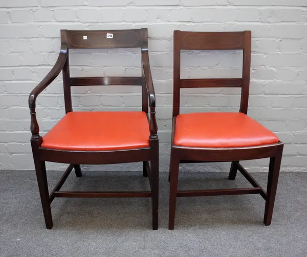 A set of ten 19th century mahogany dining chairs on tapering square supports including a pair of carvers, (10).