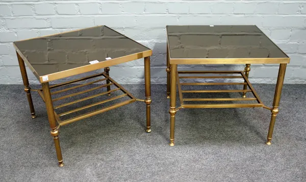 A pair of 20th century mirrored glass and lacquer brass square coffee tables, on reeded supports, 46cm wide x 41cm high, (2).