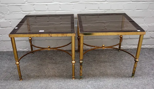 A pair of 20th century lacquered brass square occasional tables on reeded supports, 46cm wide x 42cm high.