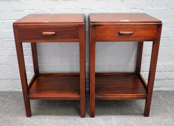 Waring & Gillow, May 1961; a pair of mahogany single drawer bedside tables, on square supports, united by platform undertier, 44cm wide x 72cm high, (