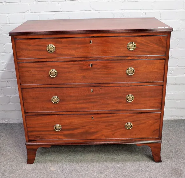 A George III mahogany chest of four long graduated drawers on splayed bracket feet, 94cm wide x 94cm high.