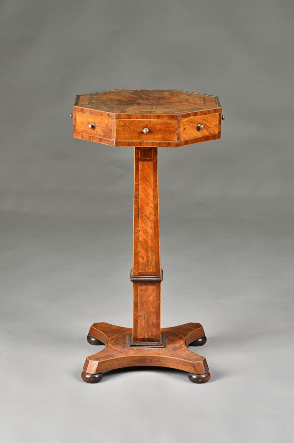 A George IV mahogany octagonal top occasional table, with four frieze drawers, on slab column, 36cm wide x 70cm high..