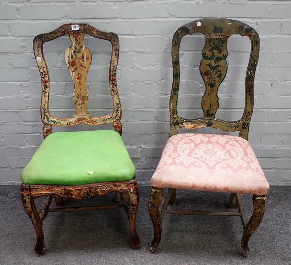 A near pair of 18th century and later Italian polychrome painted pine vase back side chairs, 50cm wide x 97cm high.