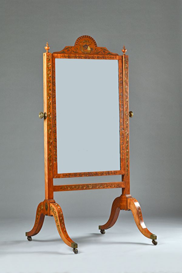 A 19th century floral polychrome painted satinwood cheval mirror on four downswept supports, 85cm wide x 165cm high. Illustrated