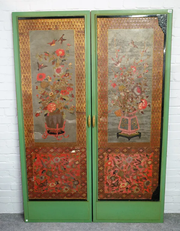 A 19th century Japonism embossed and heavily painted paper four fold screen, in later green painted frame, 256cm wide x 198cm high.