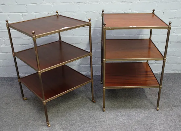 A pair of 20th century lacquered brass and mahogany square three tier etageres, 45cm wide x 71cm high.