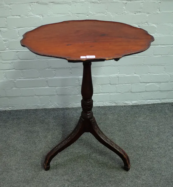 An 18th century later carved mahogany snap top tripod occasional table on bird cage mount, 60cm deep x 76cm high.
