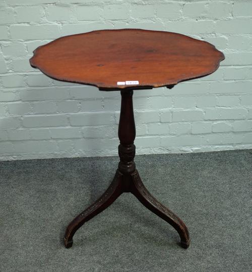 An 18th century later carved mahogany snap top tripod occasional table on bird cage mount, 60cm deep x 76cm high.