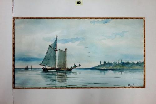 C** Russell (early 20th century), Vessel off the coast, watercolour, signed, unframed, 28cm x 53cm.