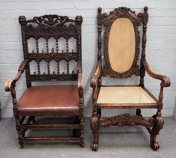 A 17th century style carved walnut open armchair, the double arched back on block and turned supports, 61cm wide x 117cm, together with another carved