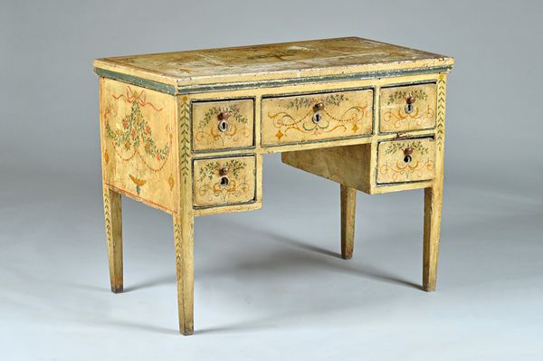 An 18th century North Italian polychrome painted side table with five drawers about the knee on tapering square supports, 104cm wide x 80cm high. Illu