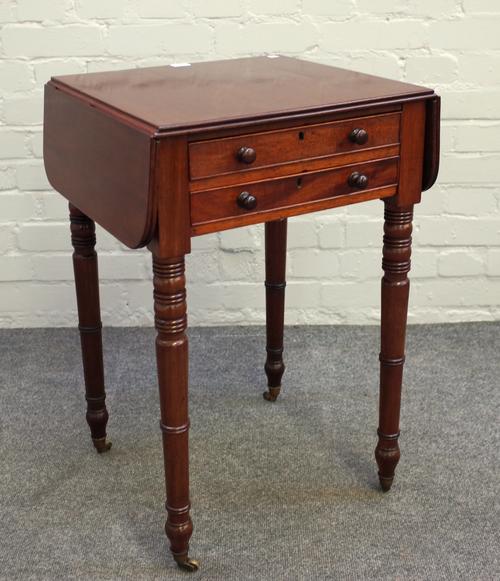 A Regency drop flap work table with pair of frieze drawers on turned supports, 46cm wide x 71cm high.