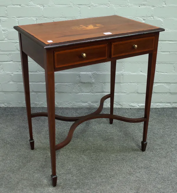 An Edwardian marquetry inlaid satinwood banded two drawer side table on tapering square supports, 61cm wide x 72cm high.
