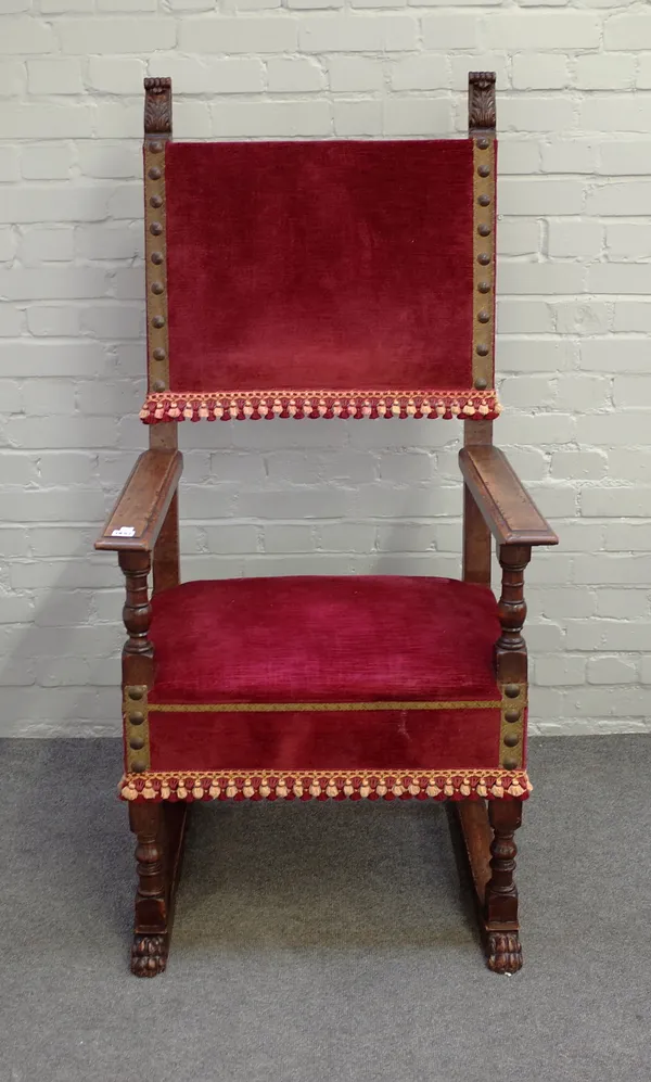 A 17th century and later Flemish walnut square back open armchair on sleigh supports, 68cm wide x 141cm high.