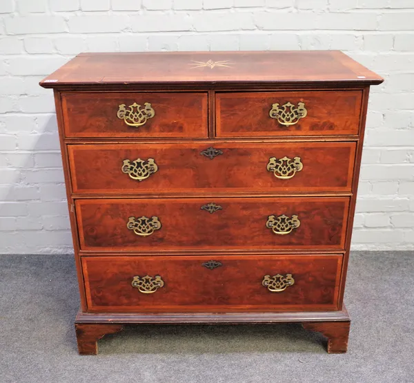A late 17th century style featherbanded walnut chest with two short and three long graduated drawers on bracket feet, 92cm wide x 93cm high.