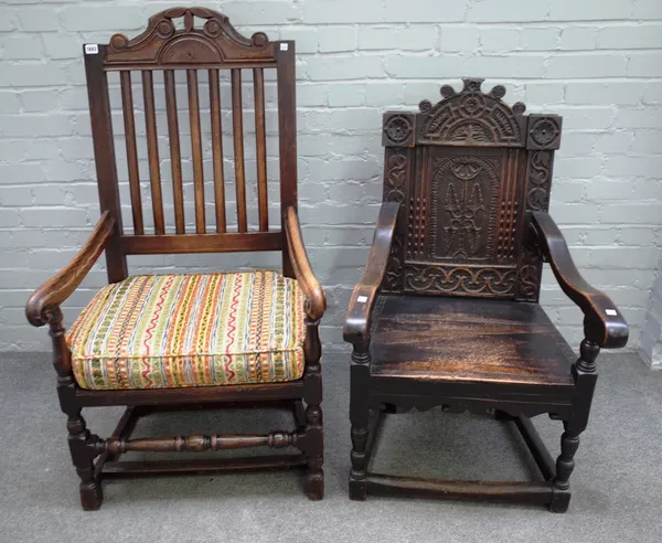 An early 18th century oak armchair with carved crest on turned supports, 70cm wide x 120cm high, together with a 17th century and later Wainscot armch