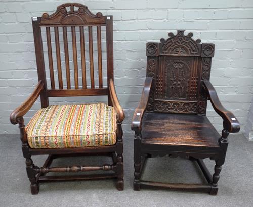 An early 18th century oak armchair with carved crest on turned supports, 70cm wide x 120cm high, together with a 17th century and later Wainscot armch