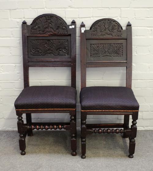 A similar pair of 17th century and later Lancashire carved oak arch back side chairs on block and turned supports, 44cm wide x 106cm high.