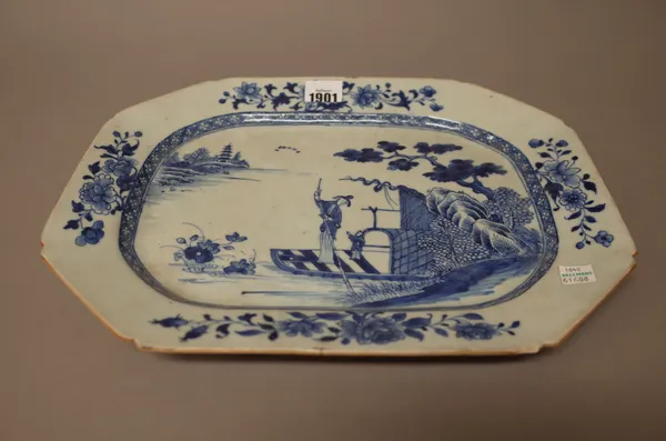 A group of Chinese export blue and white porcelains, Qianlong, comprising; a canted rectangular dish painted with a man and boy in a sampan, 36cm. wid