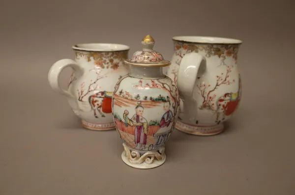 A group of Chinese export porcelain, Qianlong, comprising; two graduated bell shaped mugs painted with figures and a horse, largest 12cm. high; a mand