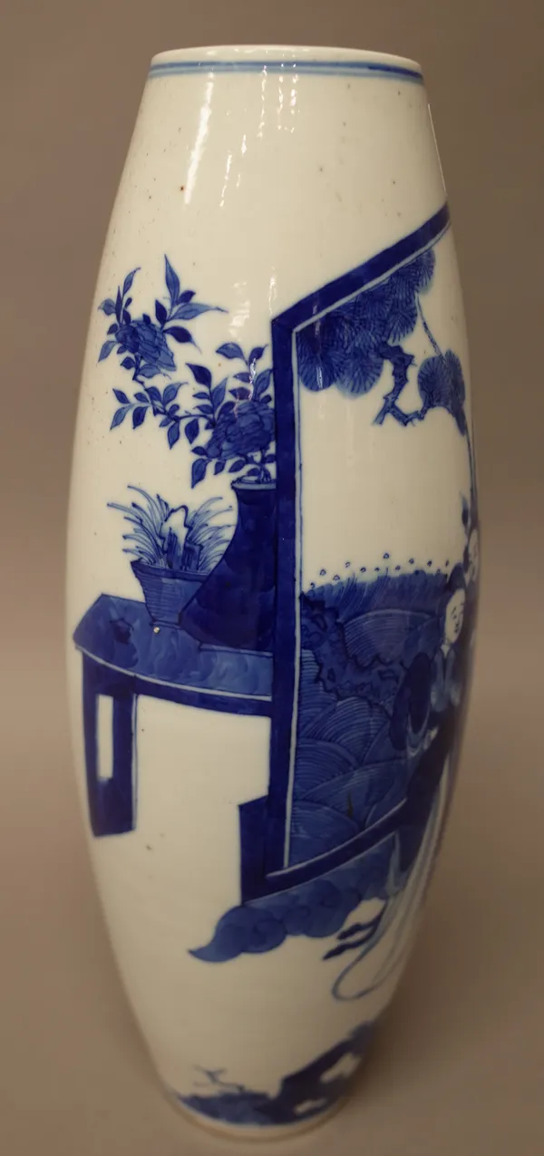 A Chinese blue and white vase, late 19th century, of swollen cylindrical form, painted with three figures standing by a large screen, a table, stand a