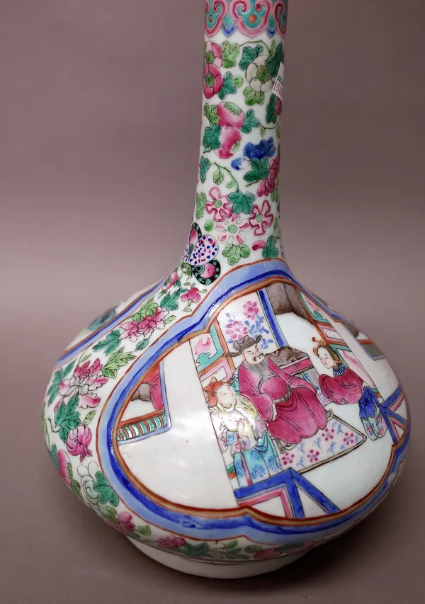 A Canton famille-rose bottle vase, 19th century, each side painted with a figurative panel against a ground scattered with flowers, fruit and insects,