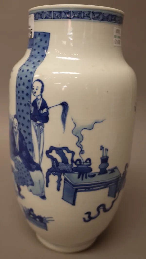 A Chinese blue and white vase, late 19th century,  painted with two seated figures playing the game of go , three standing women in attendance, surrou