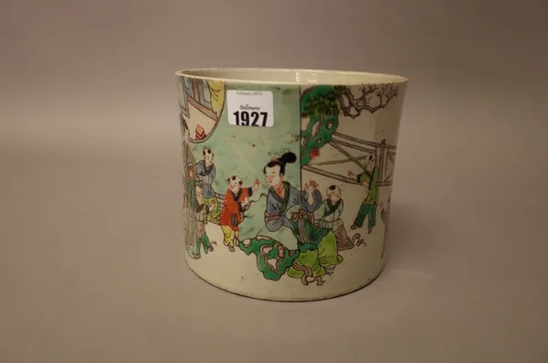 A large Chinese famille-verte brushpot,  late 19th/20th century, cylindrical form, enamelled with women and boys in a fenced garden, 15.5cm, high.
