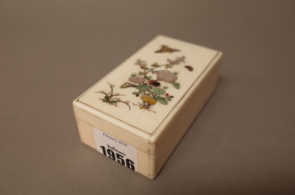 A Japanese inlaid ivory and Shibayama style rectangular box and cover, Meiji period, the cover inlaid in various materials with a butterfly and bird h