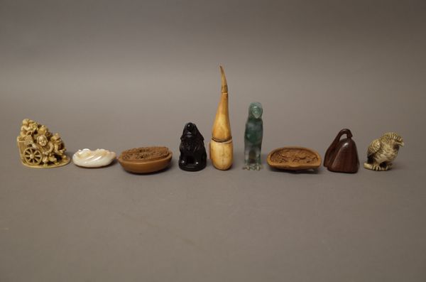 A group of carvings, mostly Chinese and Japanese, various dates, including; a small Chinese agate group of a monkey and and bats on a gourd, 4.5cm. wi