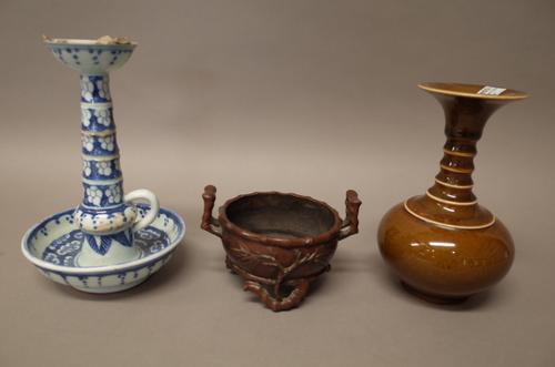 A small Chinese bronze circular two-handled censer, six character Xuande mark but later, the sides cast with bamboo extending to bamboo supports and h