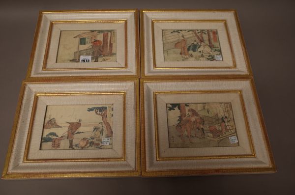 A group of eight small Japanese woodblock prints, 19th century, each printed with figurative subjects, 11.5cm. by 16.5cm., framed and glazed, (8).