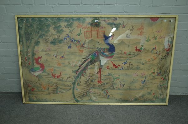 A large Chinese painting of phoenix in a landscape, 19th century, watercolour on paper , three red seal marks, 93cm. by 162cm., framed and glazed