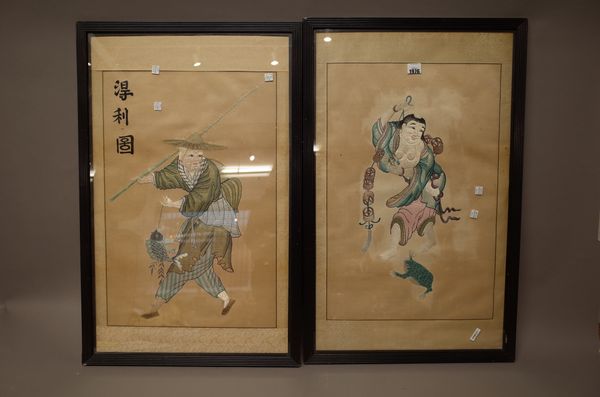 Two Chinese embroidered silk panels, 19th/early 20th century, one worked with Liu Hai carrying a string of cash with his three-legged toad below, the