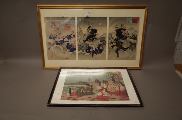 Adachi Ginko (fl. 1874-97): a triptych ,battle  scene from the Sino-Japanese war, signed, overall size 35cm. by 74cm., framed and glazed; and another